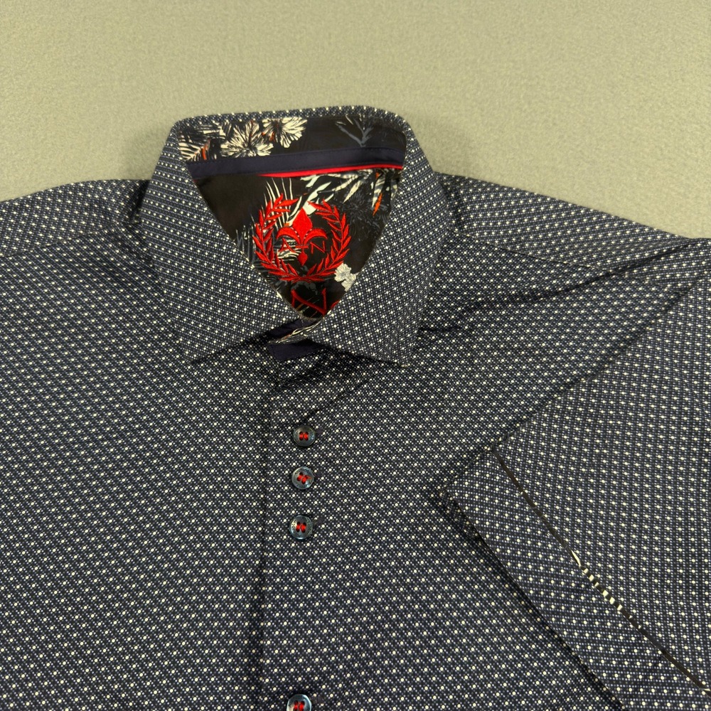 Au Noir Mens Short Sleeve Button Down Shirt Navy Micro Dot Floral Trim Size M